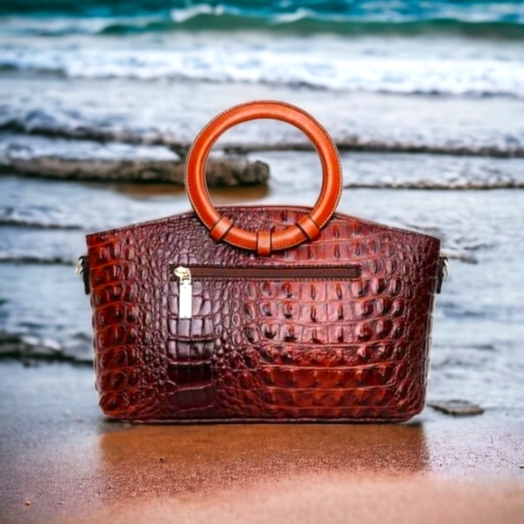 Elegant Dark Honey Brown Crocodile Embossed Handbag Wallet Set - Picture 3 of 5